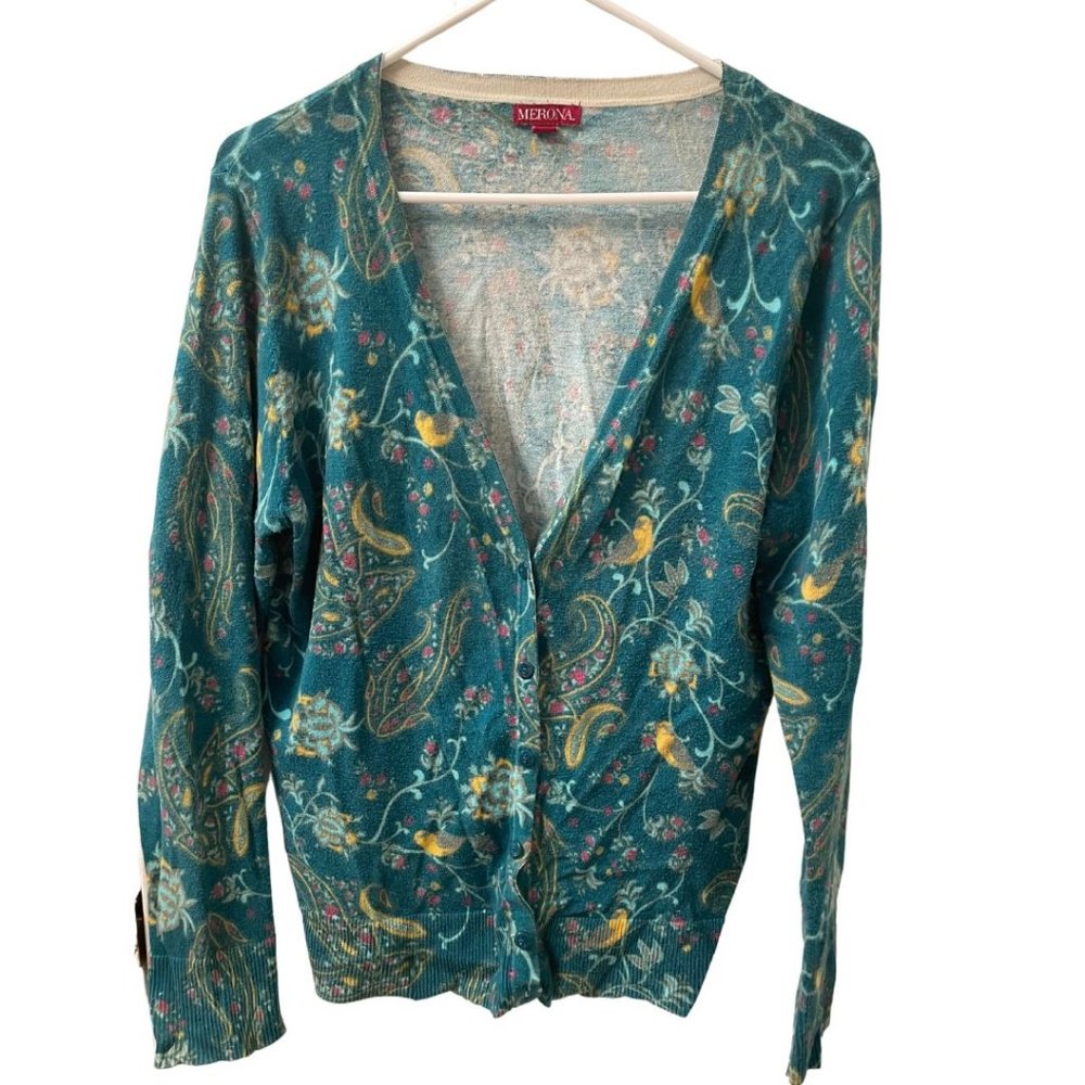 Merona | Teal Paisley Bird Button Up Cardigan | Long Sleeves | Women's Size XL